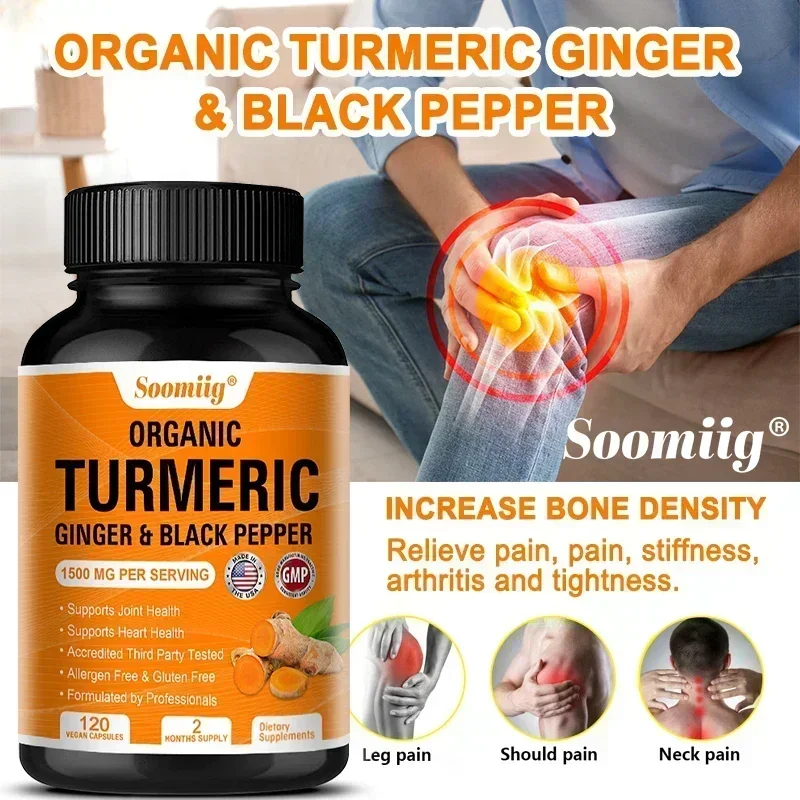 Organic Turmeric High Strength 1500 Mg | 120 Capsules with Black Pepper, Ginger and Active Curcumin Joints Heart Cognition