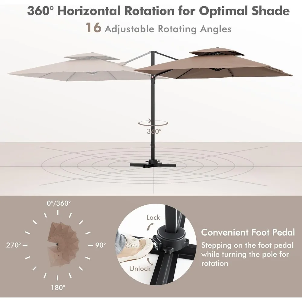 Cantilever Patio Umbrella, Outdoor Square Offset Umbrella with 360° Rotation, Double Top Heavy Duty Patio Hangin 5