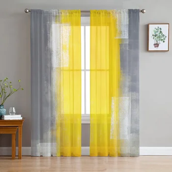 Tulle con texture d'arte astratta giallo grigio in tende trasparenti per soggiorno, camera da letto, cucina, trattamento delle finestre, tende in chiffon 1