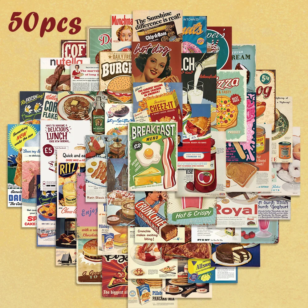 50pcs Vintage Food Stickers Wonderful Coffee Milk Cookies Sticker for Phone Case Scrapbooking Computer Guitar Waterproof DIY Toy 60sheets per pack food theme dual vintage magazine posters decorative scrapbooking painting material paper food trip collage