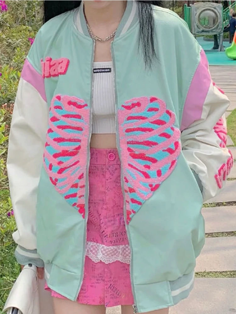 Deeptown Punk Skeleton Heart Print Hoodies Women Hip Hop Harajuku Oversized Zip Up Sweatshirts Female Retro Green Casual Jacket
