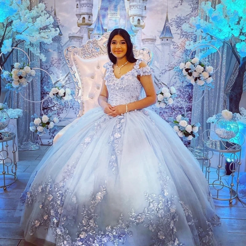 

Sky Blue Glitter Crystal Applique Lace Sequined Ball Gown Quinceanera Dresses Off The Shoulder Beading Corset Vestidos De 15Años