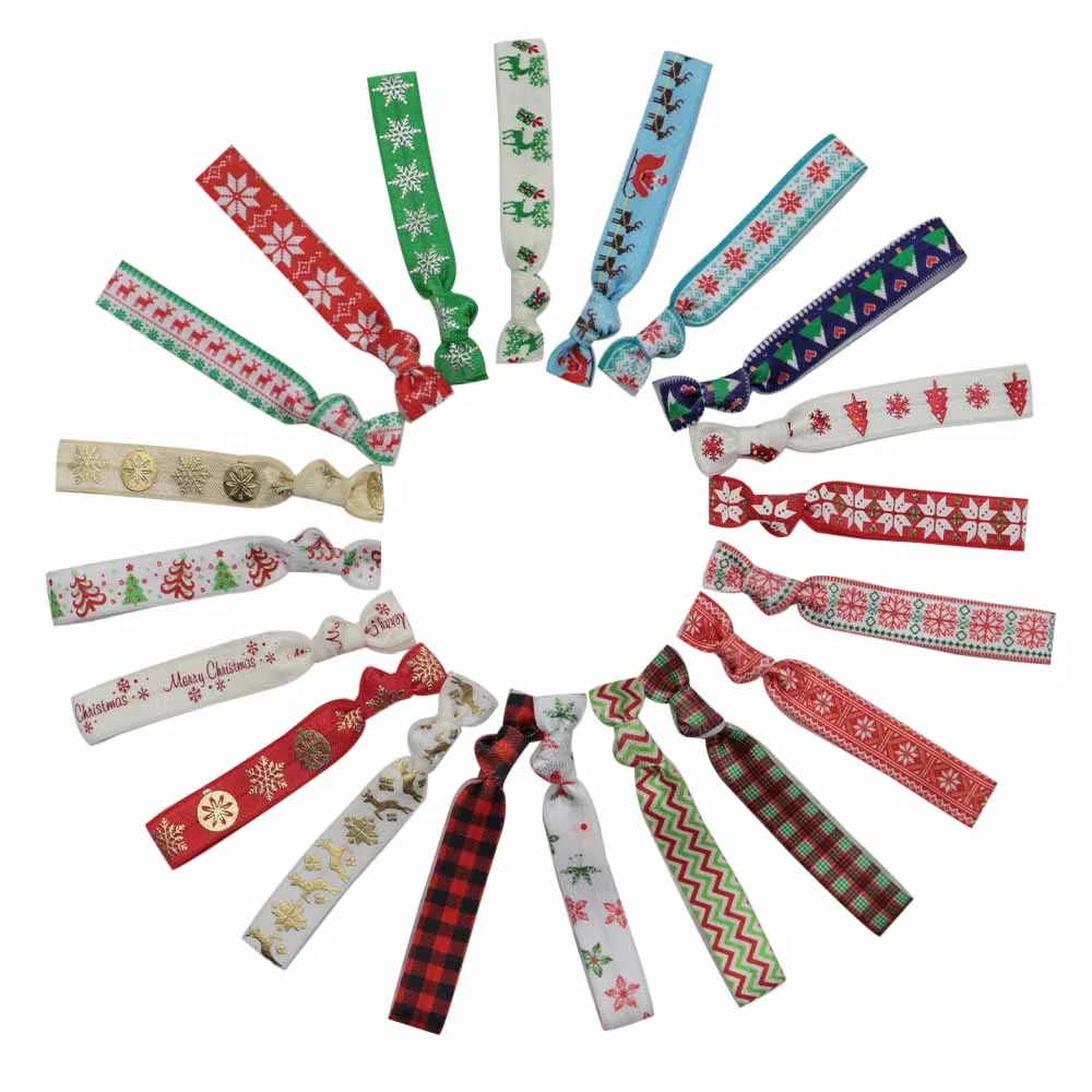 20Pcs 5/8'' 15mm Christmas Printed Fold Over Elastic Stretchy FOE Hair Ties Girls Headband Accessories Bracelets Wristbands