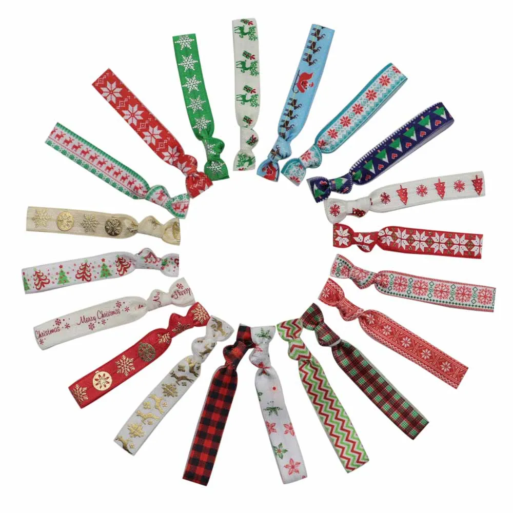 20Pcs 5/8'' 15mm Christmas Printed Fold Over Elastic Stretchy FOE Hair Ties Girls Headband Accessories Bracelets Wristbands apex legends heirloom new luminous fold arc star game weapon keychain octane wattson knife katana swords boy toys christmas gift