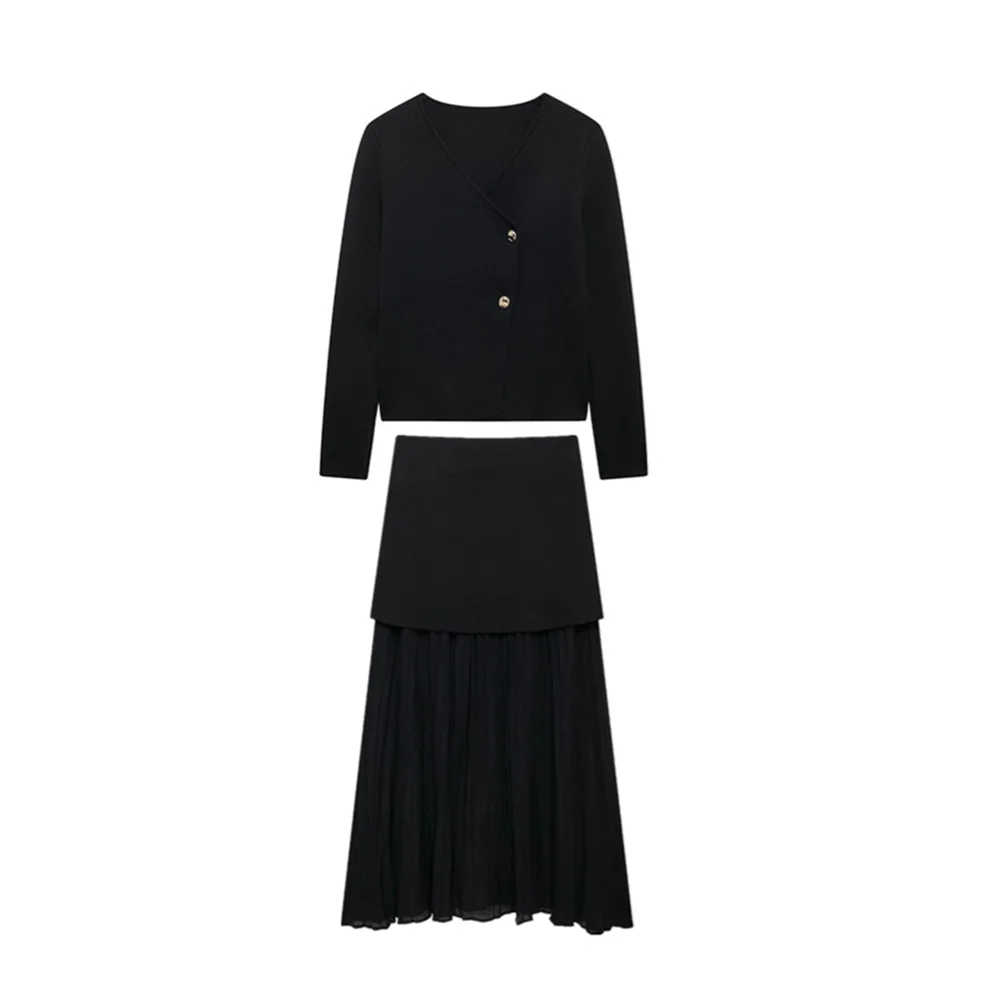 Autumn New Women's Clothing Style Slimming Asymmetric Knitted Coat Small Folded Splicing Skirt Set