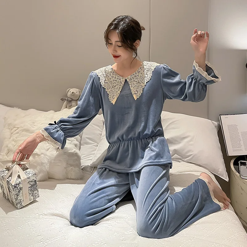 

Tulin Fashion Thick Island Fleece Sleepwear 2 Pieces Pajamas Set Women Loose Shirt&Pants Casual Pyjamas Home Clothes Lingerie