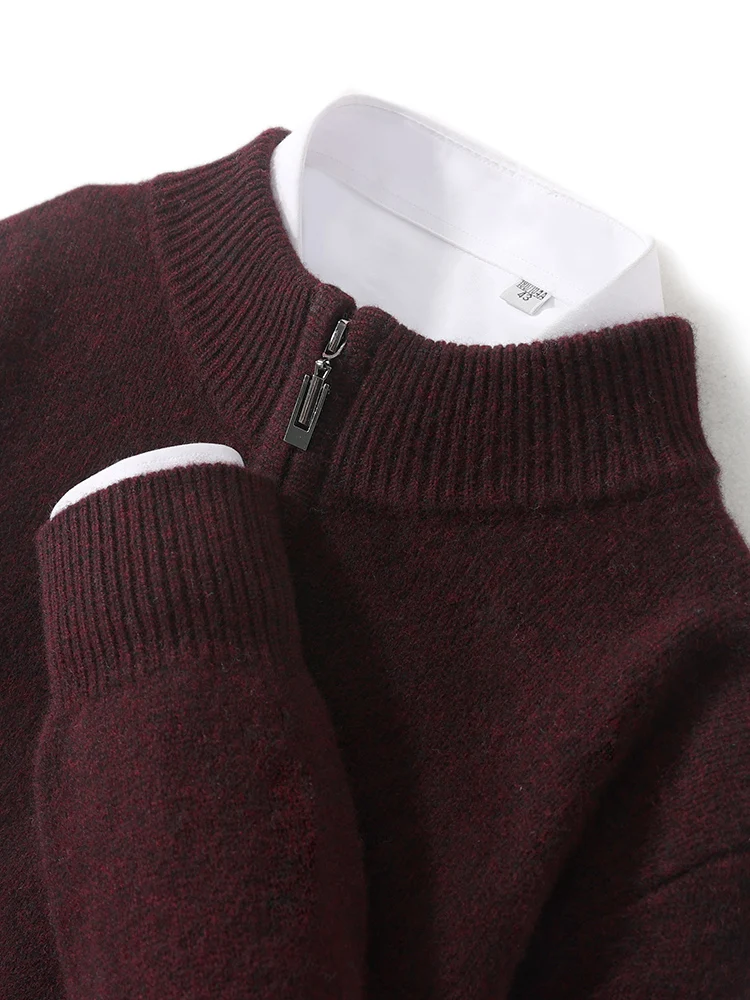 Men Mock Neck Zipper Sweaters 100% Merino Wool Pullover Casual Fashion Clothing Autumn Winter Thick Cashmere Knitwear Tops