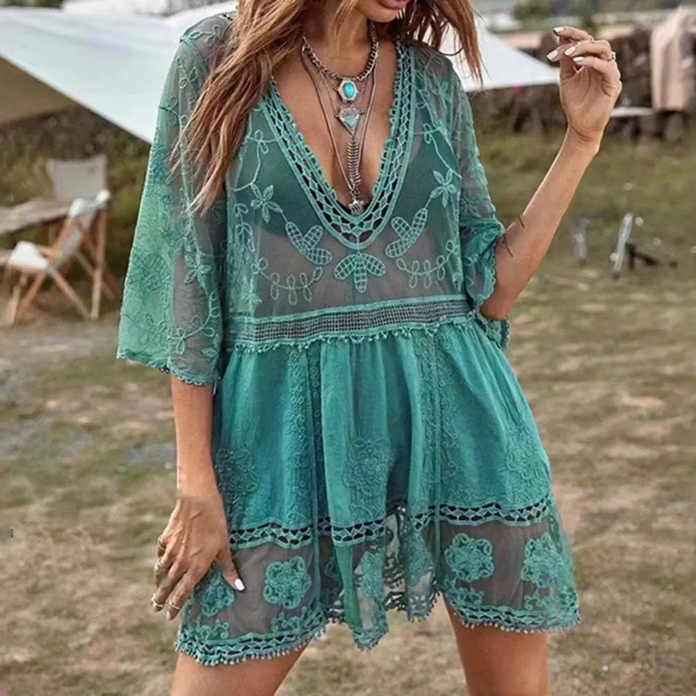 Swimsuit Cover Up Solid Color Deep V Neck Lace Quick Dry Swimwear Dress for Swimming