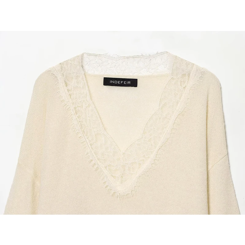 Autumn Winter Chic Knitted Pullover Women Elegant Lace Splicing V neck Sweater Casual Long Sleeve Female Elegant Knitwear Top