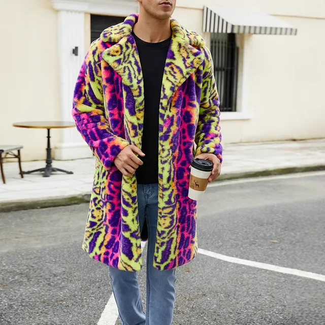 2025 Men Leopard Print Winter Jacket Cardigan Coat Warm Parkas Outwear Thick Faux Fur Plush Fleece Coats Multicolor Overcoat 2