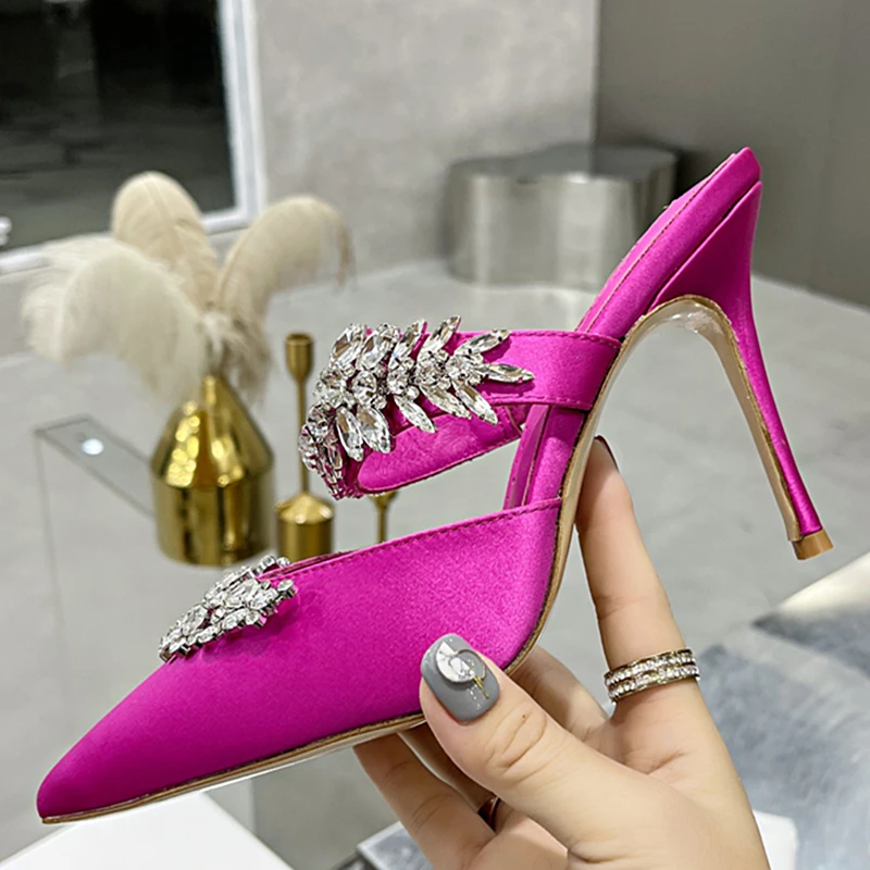 Pointed Wheat Luxury Rhinestone Satin Women Slippers Banquet Party