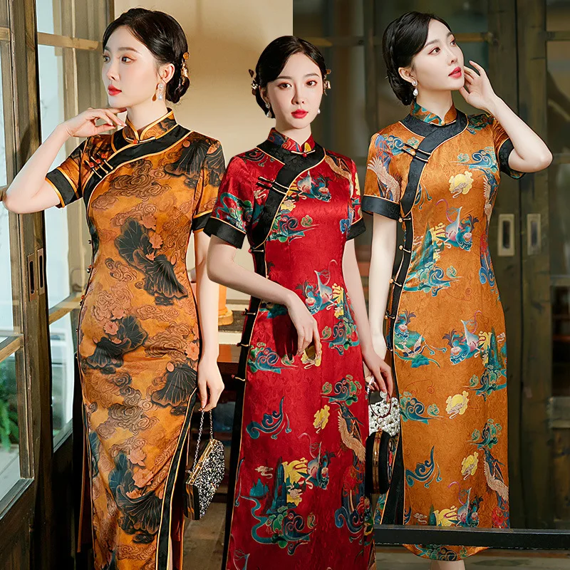 

Summer Traditional Mandarin Collar Short Sleeve Printed Satin Cheongsam Women Chinese Style Wedding Aodai Qipao Dress