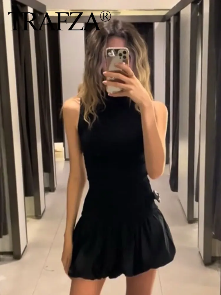 HH Women Elegant Solid Mini Dress Turtleneck Backless Sleeveless Slim Dresses 2024 Summer Woman Party Pink Ball Gown Dress