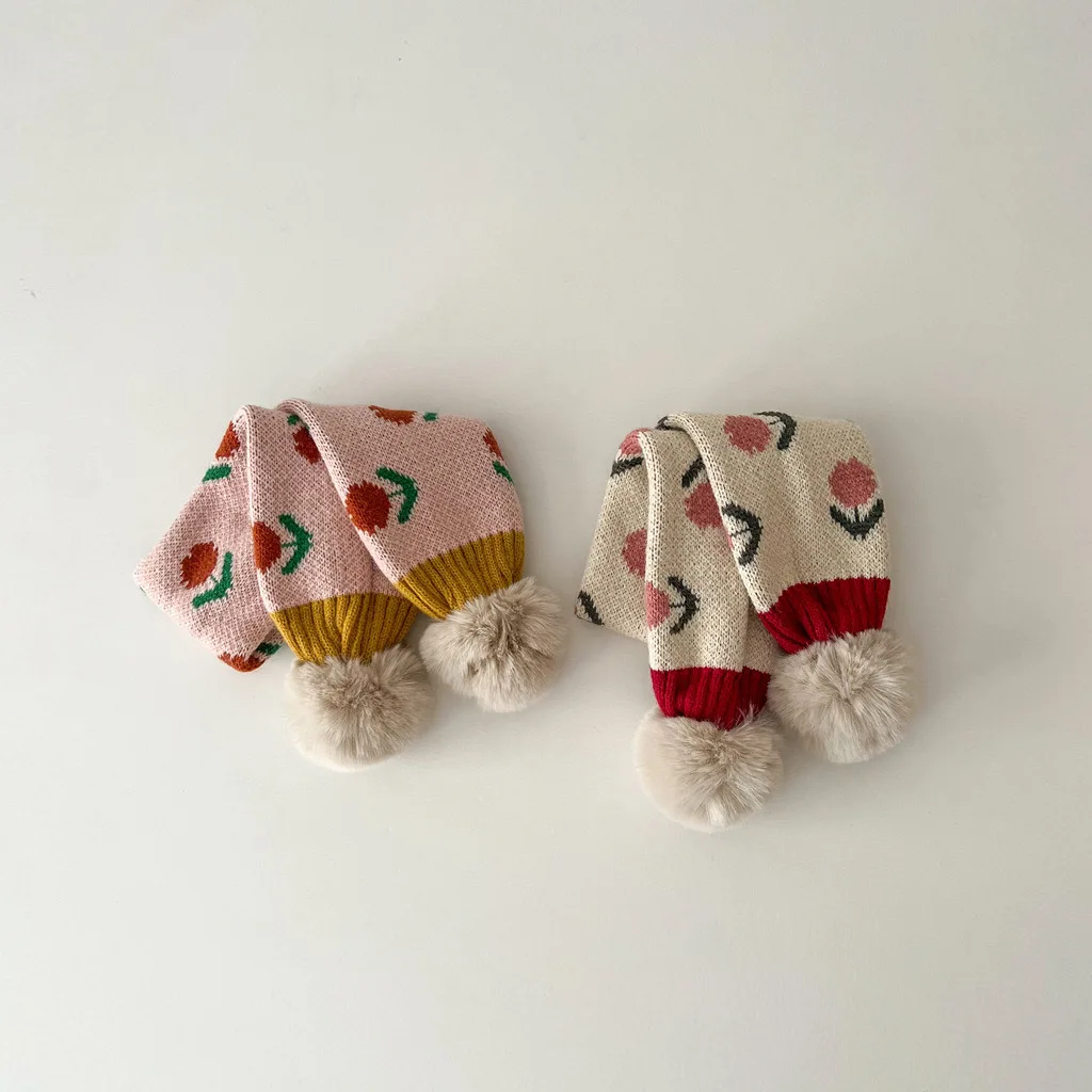 3-14 Years Korean Style Children's Scarf Winter Fashion Ins Cute Little Flower Knitted Warm Baby Girls Scarfs