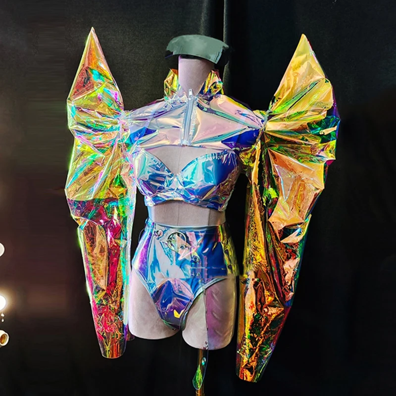 

Laser Bikini Reflective Stand Shoulder Puff Sleeve Dancer Stage Costume Nightclub Gogo Dancer Outfit Festival Clothing VDB5692