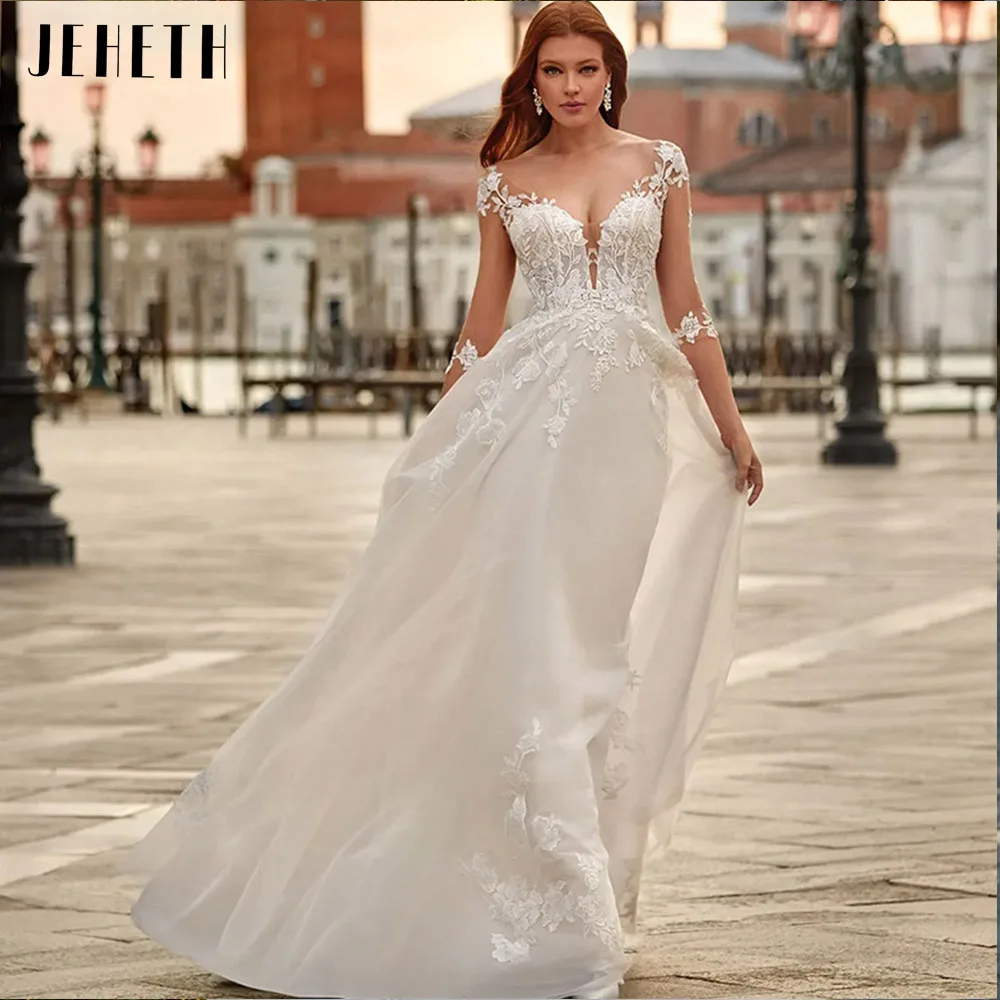

JEHETH Elegant A-line Wedding Dress Three Quarter Sleeves For Charming Women 2023 Floor-length Appliques Tulle Buttons V-neck