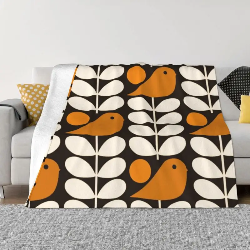 Multistem Birds Black White Orange Blankets Warm Flannel Orla Kiely