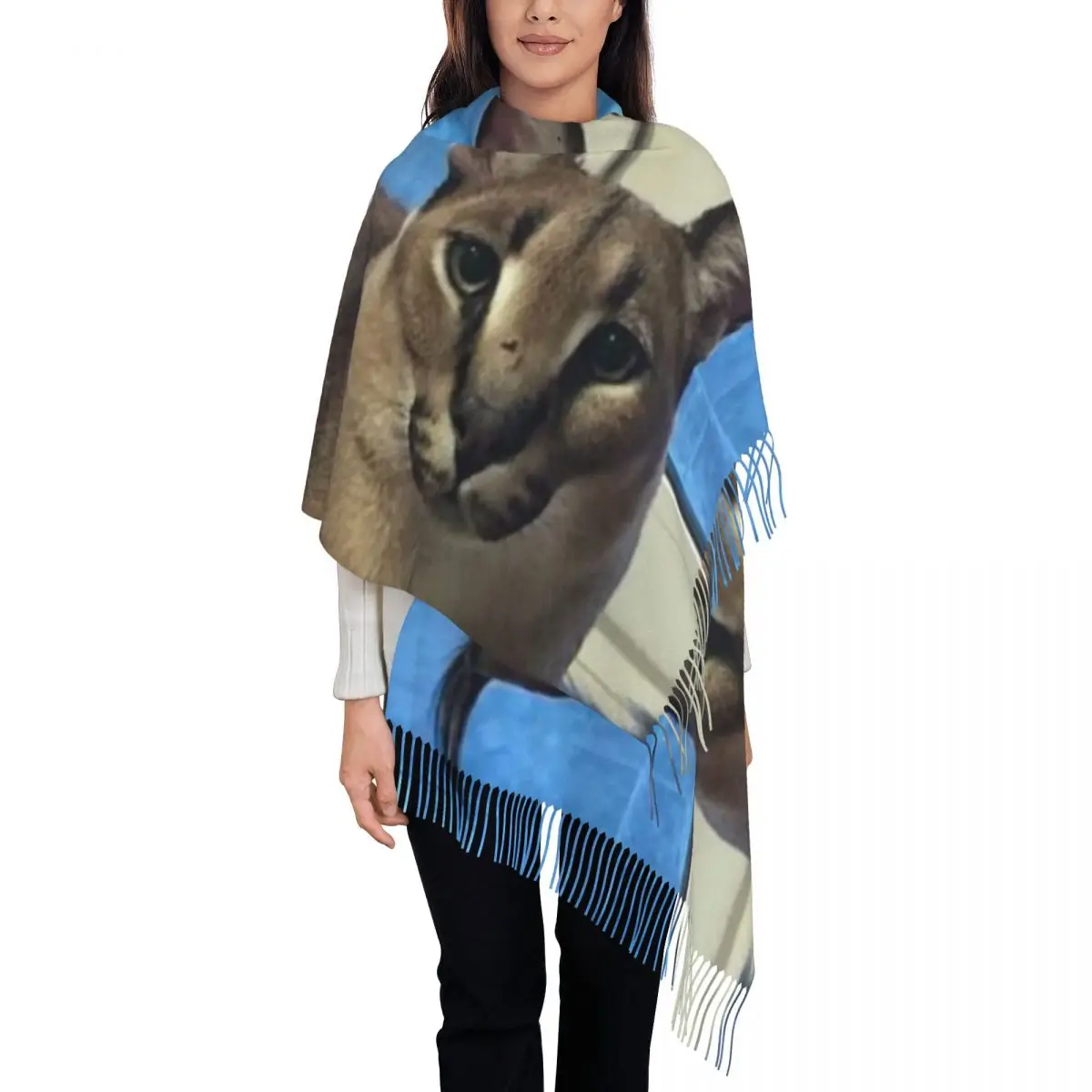 

Big Floppa Funny Meme Scarf Wrap for Women Long Winter Warm Tassel Shawl Unisex Caracal Cat Scarves