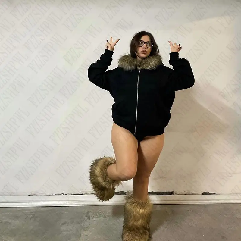 Y2K Zip up hoodie Faux Fur Collar Harajuku Rock Goth Top Retro Punk Loose Jacket Hip Hop Streetwear Zipper Hoodie sweatshirt EMO 4