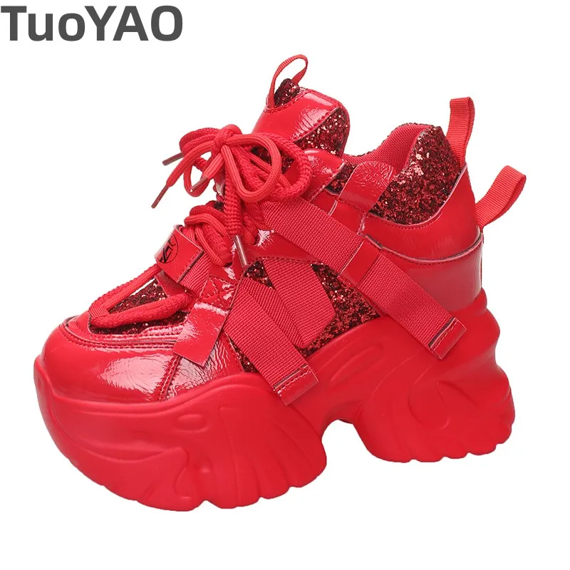 

Autumn Winter Chunky Sneakers Women Bling Platform Sports Shoes Woman Goth Thick Bottom High Heels Female 10CM Wedges Sneakers