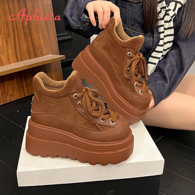 Aphixta New Winter Wedges Heel Woman Ankle Boots Platform Faux Suede Chunky Heel Woman Shoes Warm Short Plush Lady Footwear