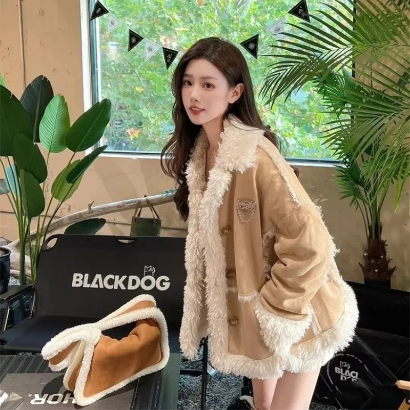 2023 Winter New Women Temperament Faux Fur Coat Lamb Fur Integrated Jacket Loose Casual Warm Outwear Fashion All-Match Outwear