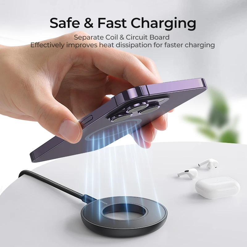 Joyroom 마그네틱 무선 충전기, 최대 15W 고속 무선 충전, 아이폰 15 14 와 호환, USB-A 및 USB-C 충전기로 작동