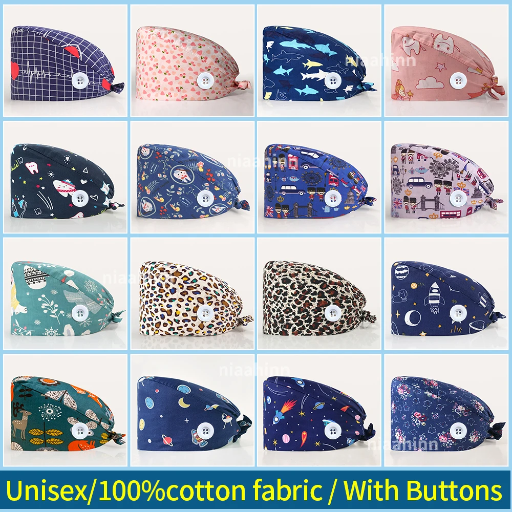

Hospital Medical Dental Clinic Hats 100%Cotton Work Hat Surgical Cap Printing Medical Accessories Dentist Beautician with Button