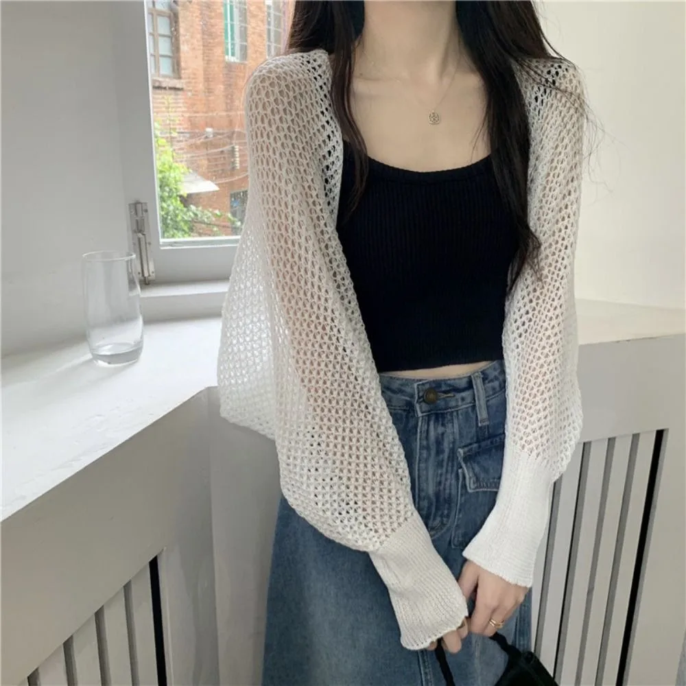 Oversized Hollow Knitted Cardigan Top Loose Long sleeved Knitted Sun Protection Shawl Beach Wear Sunscreen 1