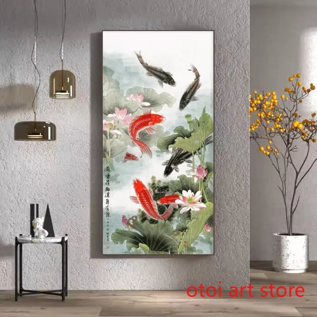 Chinese Traditional Style Lotus Auspicious Nine Koi Fish Feng Shui Art Poster Canvas Painting Wall Print Picture Room Home Decor 1