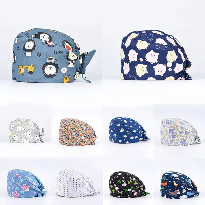 ski beanie Unisex Cotton Adjustable Scrubs Hats Floral Print Medical Caps Dental Clinic Work Hats Tieback Elastic Pet Grooming Nursing Cap winter cap