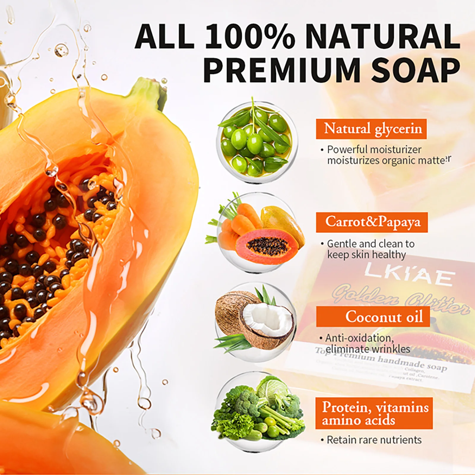 LKIAE Whitening Soap Bar, Deep Clean Stains, Brighten, Remove Acne, Dark Spots, With Carrot & Papaya Extract, For All Skin Types