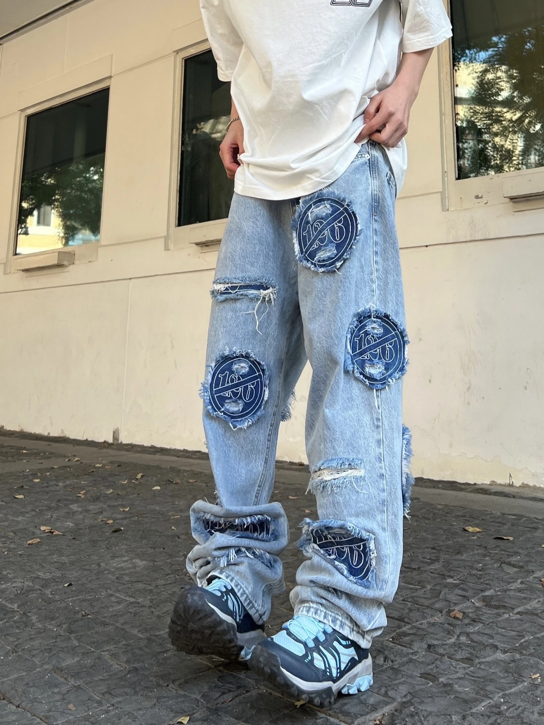 America Style Original Retro Washed Ripped Jeans Patchwork High Waist Destroy Embroidery Streetwear Denim Pants Ins Trousers