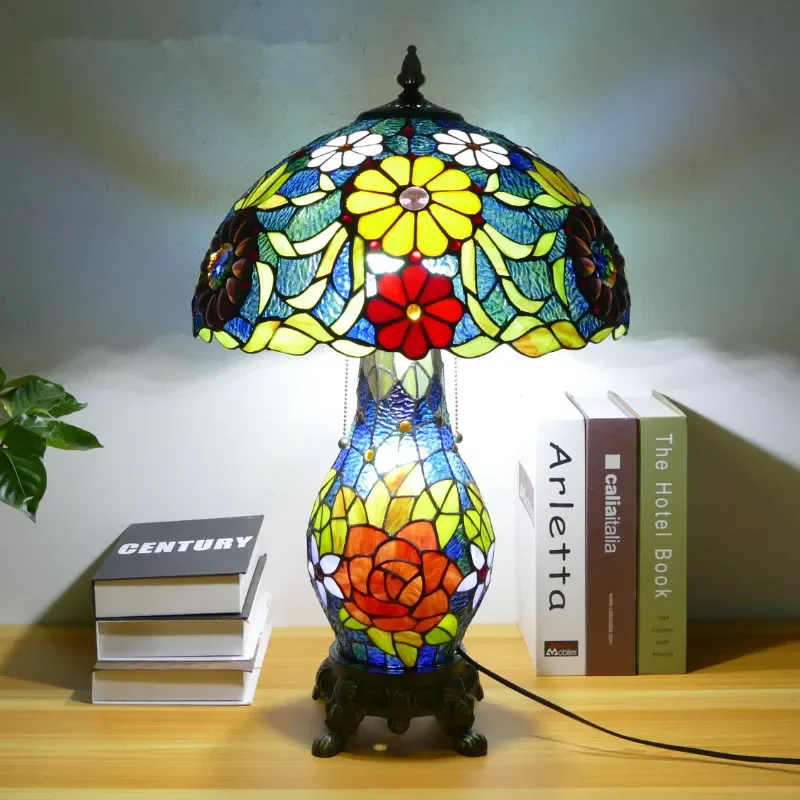 

TEMAR Tiffany Table Lamp American Retro Living Room Bedroom Lamp Luxurious Villa Hotel Stained Glass Desk Lamp