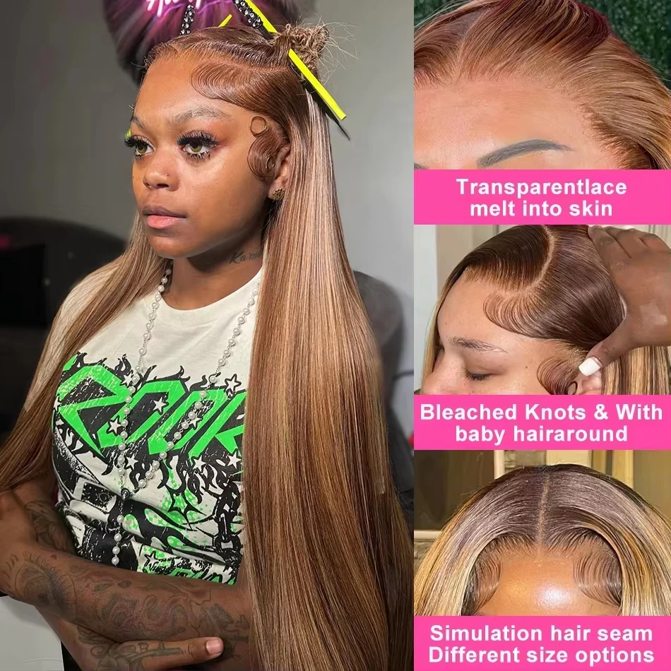 32 Inch 5x5 Straight Highlight HD Lace Front Human Hair 4x4 13x4 Lace Frontal Wigs 4/27 Ombre Honey Blonde Color Wig For Women 3