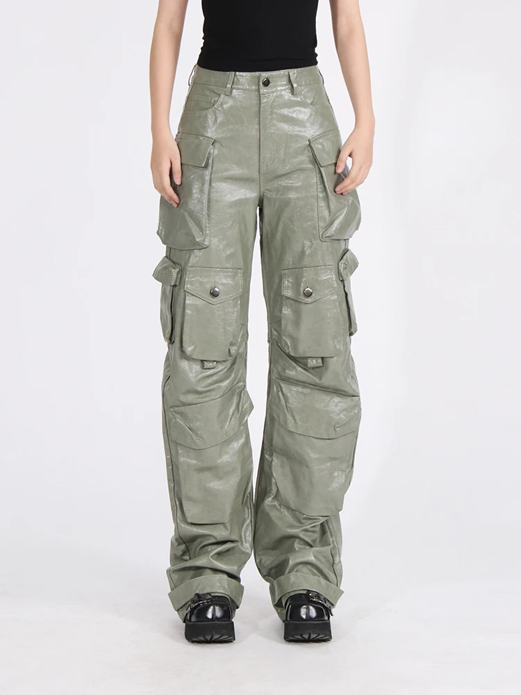 TWOTWINSTYLE Patchwork Pockets Leather Pants For Women High