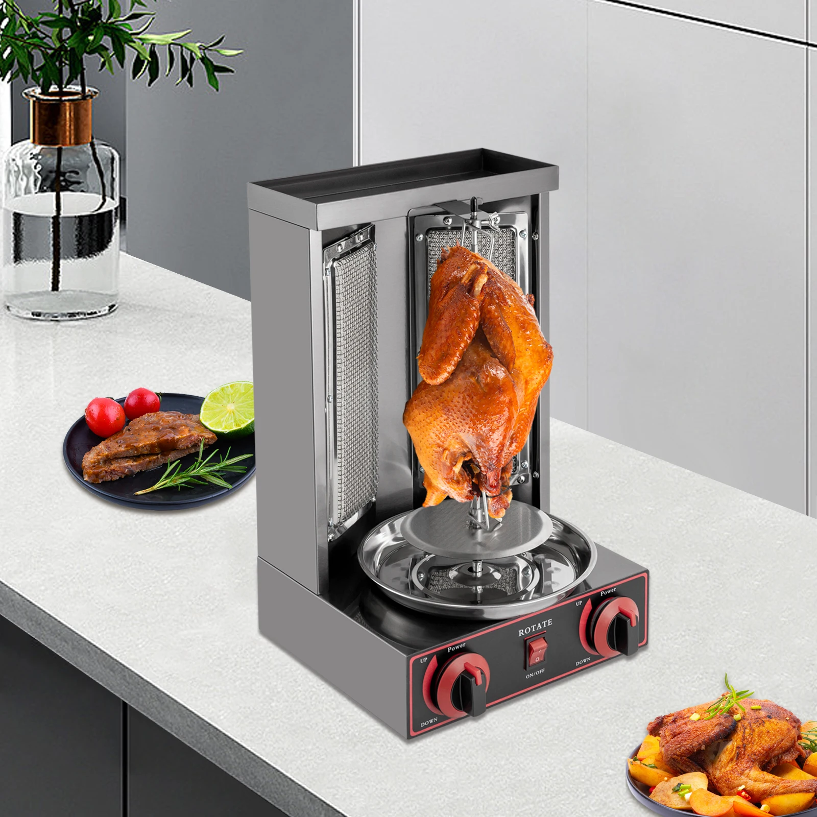 Doner Kebab Macchina Elettrica Kebab Grill Verticale Polli Da Carne Giroscopio Girarrosto Per Carne Con Bruciatori Regolazione Della Temperatura 50-350 ℃ Per Cucina Domestica Com(Size:M,Color:Argento - Foto 5