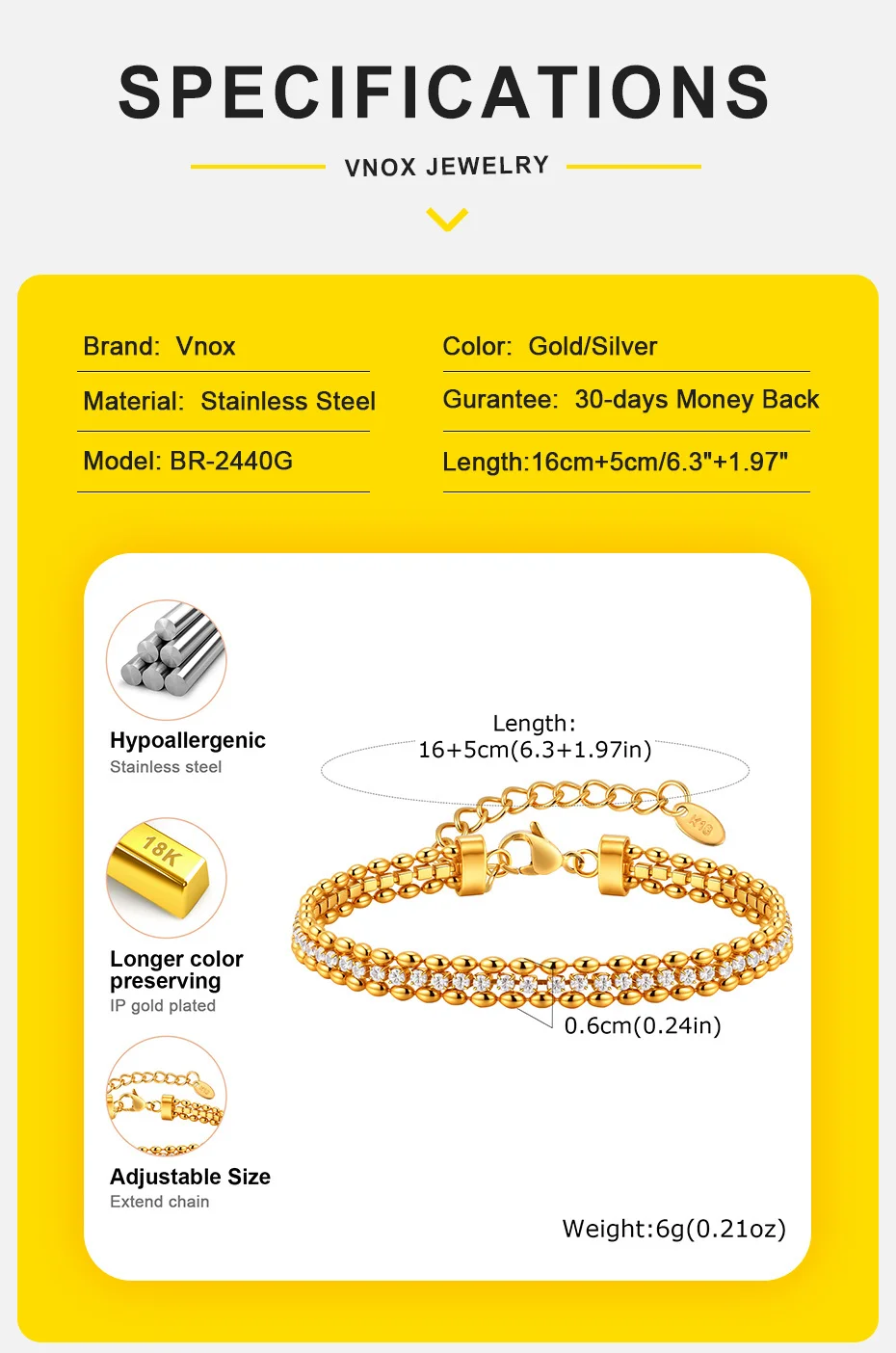 Vnox Damen-Armband, goldfarben, silberfarben, gewebt, Zirkonia, Edelstahl, Doppelperlen, Kette, Schmuck, Accessoires, Charm-Armband – Detail 4