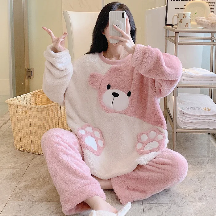 thumbnail image 1 of Conjunto de pijamas de felpa para mujer, ropa de dormir bonita de dibujos animados, Tops y pantalones de manga larga, ropa de casa para estar en casa, Invierno 2023, 1 of 5