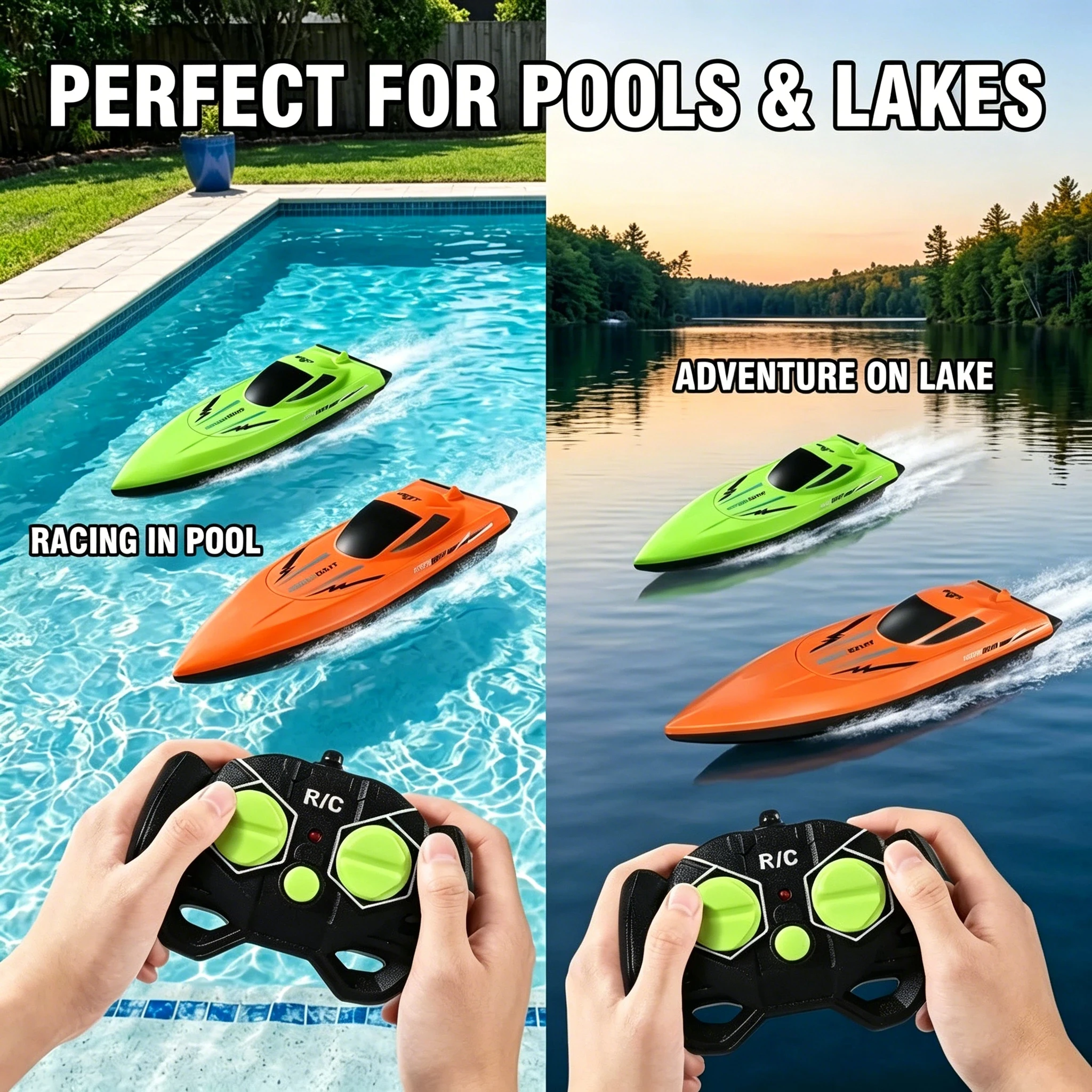 Trois bateaux télécommandés 2.4GHz haute vitesse dans les couleurs rouge, bleu et vert