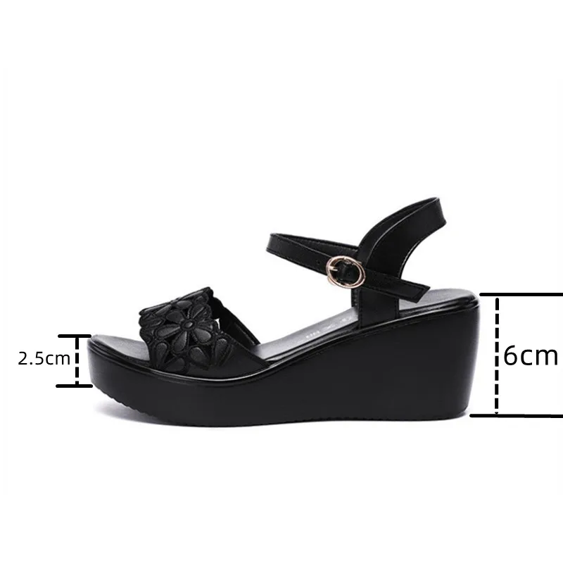 Women sandals women wedges heels shoes New Summer Chunky Platform Wedges Shoes Soft Leather Medium Heels Sandals Women Floral Cutout Black Beach Sandal Mom