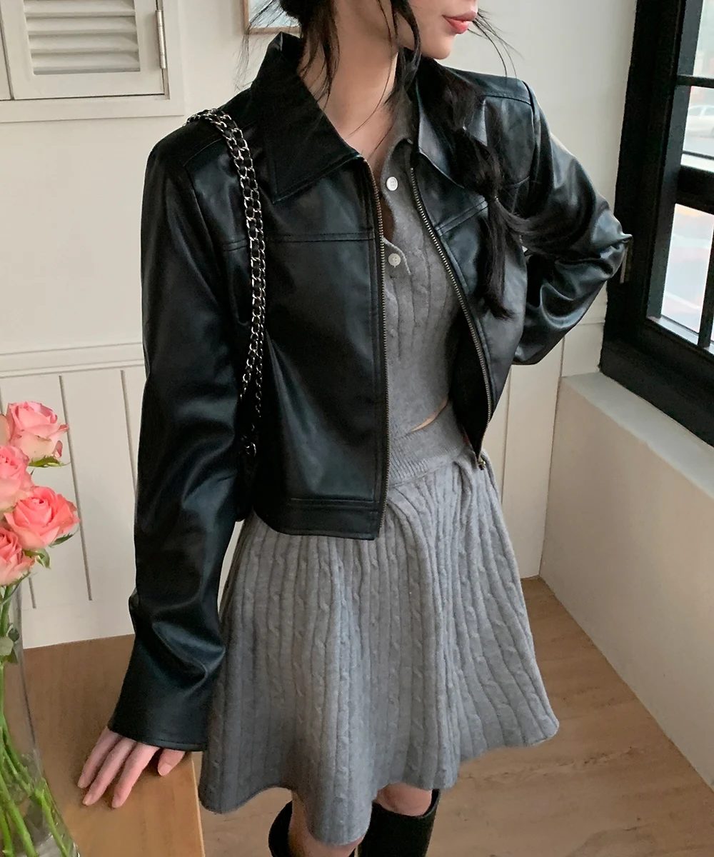 Korean Fashion Two-piece Set Women Pullover Turn-down Collar Crop Top Mini Skirt Solid Casual Suit Autumn New Knitwear Outfits