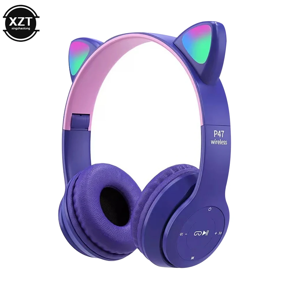 Cute Cat Ear Bluetooth-compatible Headset with LED Wireless Headset Children Girls Gift Stereo Music Sports Headset with Mic