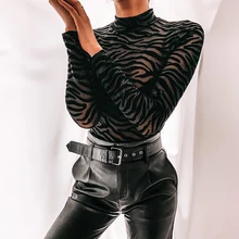 

2022 Black Mesh Transparent Sexy Bodysuit Long Sleeve Slim Skinny Stripe Mock Neck Casual Rompers Women Lady Party Club Body