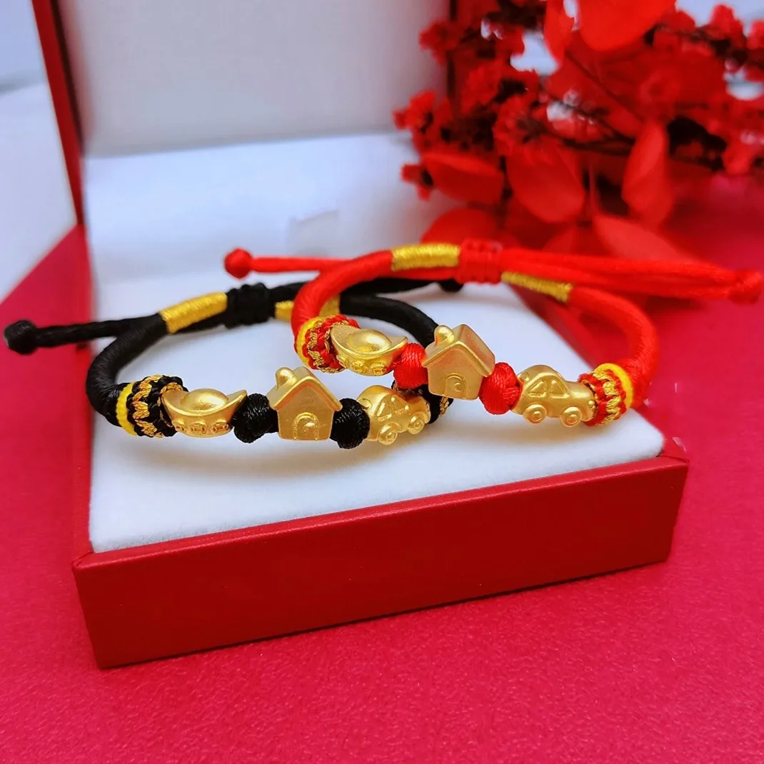 

1PCS 999 Pure 24K Yellow Gold Bracelet Women Baby House Car Ingots Coin Money Red String Handmade Bracelet