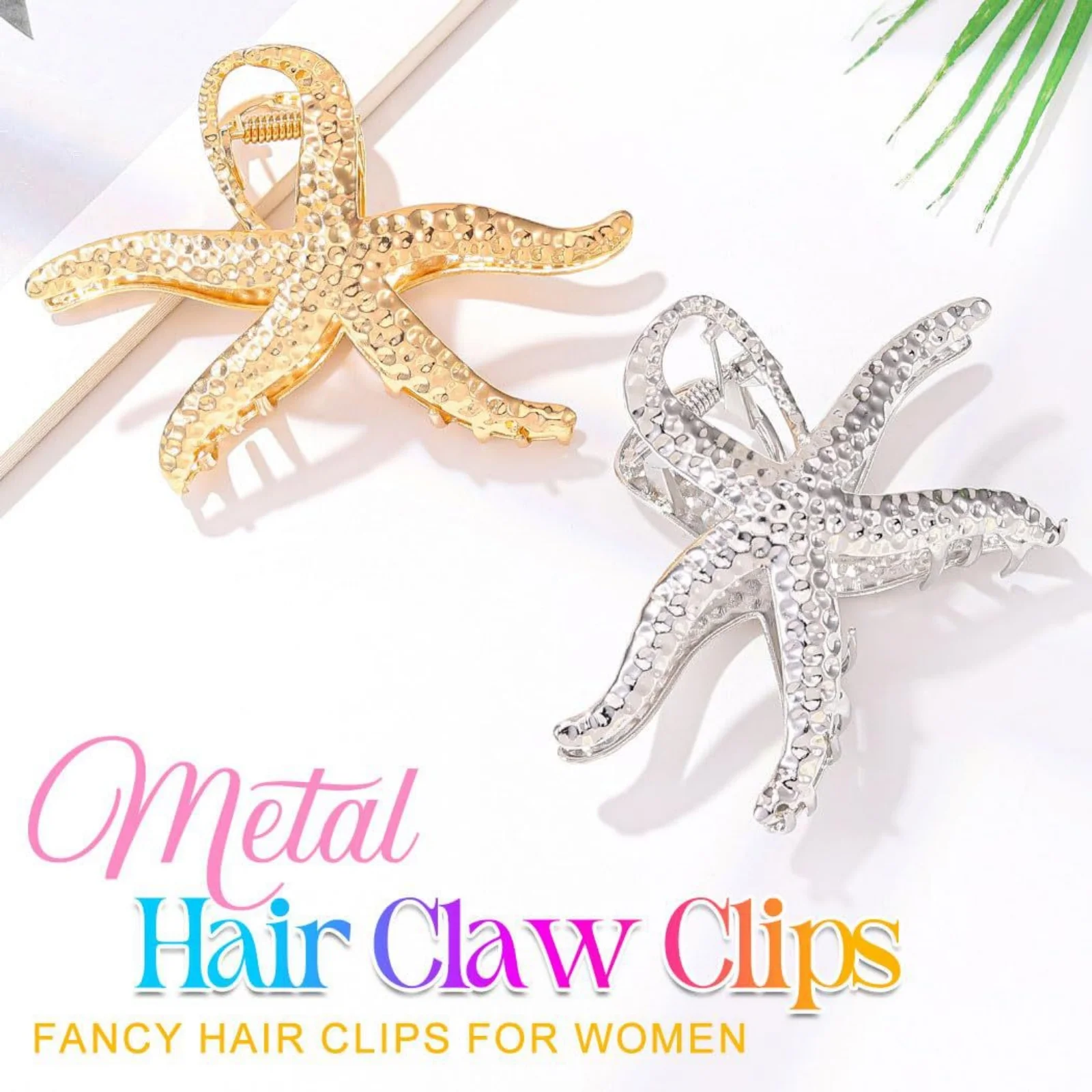 1PC Starfish - Shaped Hair Claw Clips, Gold & Silver Textured Metal Hair Grips, Chic Beachy Hair Accessories for Women