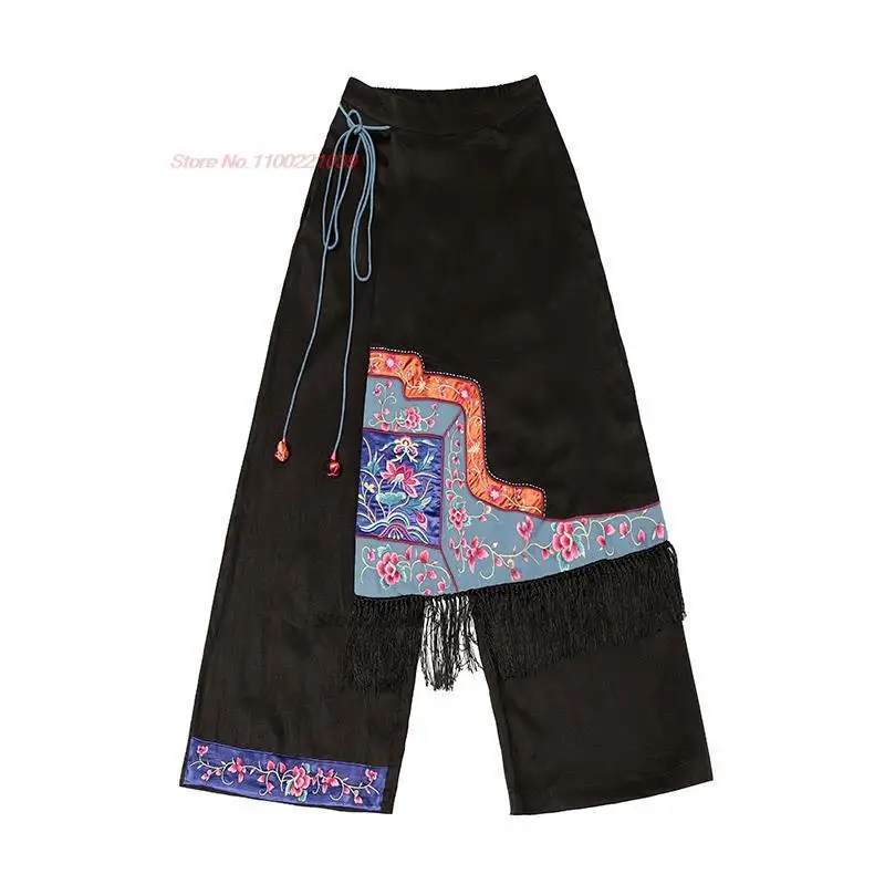 

2023 chinese vintage cotton linen trousers pantalones national elastic waist straight pants retro flower embroidery loose pants
