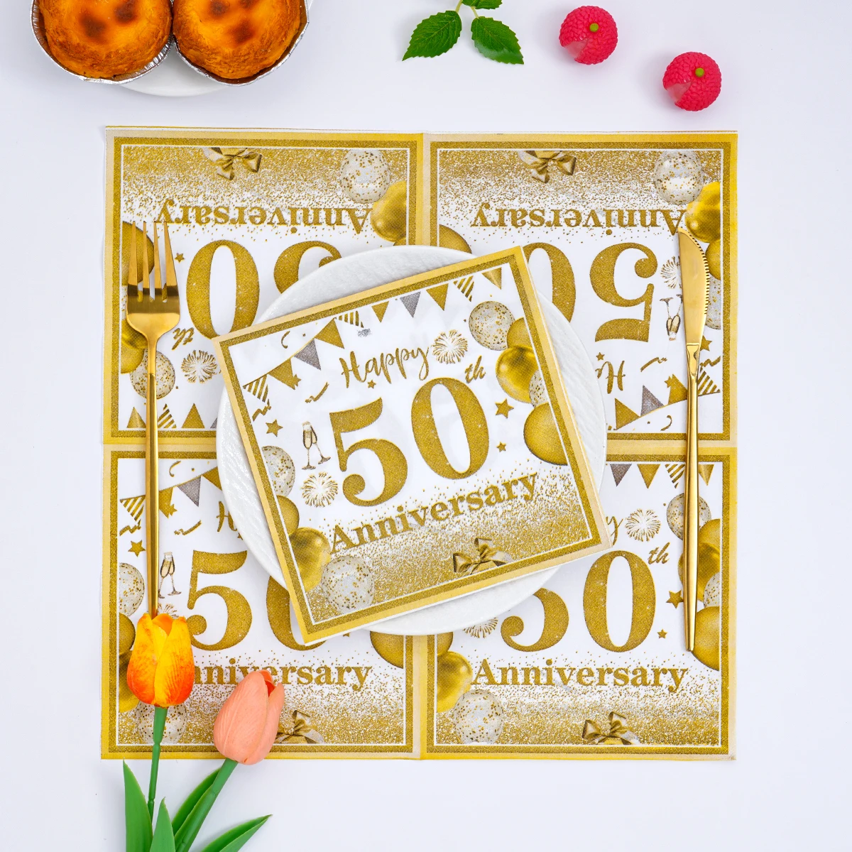 Disposable Paper Napkins Gold Anniversary Party Design White Gold 40/50/60/70 Years Disposable Dinner Napkin Confetti Balloon Flag Print Wedding Anniversary Table Supplies 3