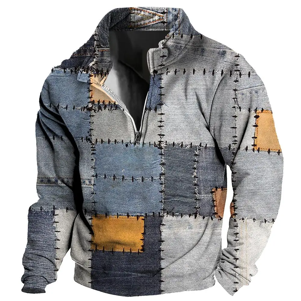 

Vintage Zipper Hoodie For Men Funny Patch Grid 3d Print Autumn Long Sleeve Sweatshirt Street Oversized Clothing Men‘S Hoodie