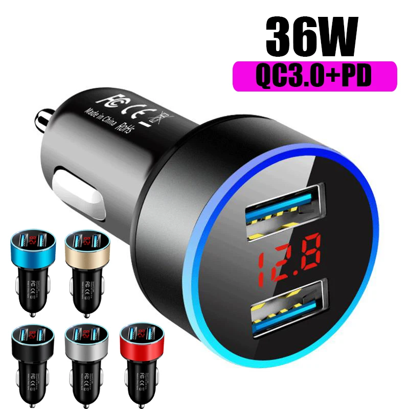 

36W Car Charger For Cigarette Lighter USB Charger 2 Port LCD Display Adapter Fast Charging For iPhone Samsung Huawei Xiaomi OPPO